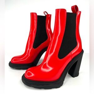 Alexander McQUEEN Tread Heeled Chelsea Red Leather Ankle Boots EU 36.5